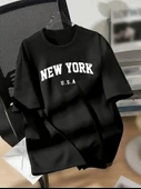 New York Baskılı Oversize Bisiklet Yaka T-shirt - Siyah thumbnail 1