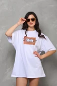 Unisex Bisiklet Yaka Baskılı Oversize T-Shirt - Beyaz thumbnail 4