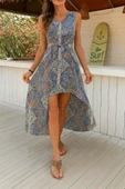 Kadın Kolsuz V Yakalı Desenli Süprem Tulum Elbise thumbnail 1