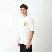 Unisex Bisiklet Yaka Baskılı Oversize T-Shirt - Beyaz thumbnail 1