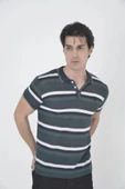 Erkek Yakalı Slim Fit Dokuma Çizgili T-Shirt - Haki thumbnail 1