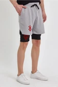 Unisex Baskılı İç Cepli Sporcu Alt Taytlı Şort - Gri thumbnail 2