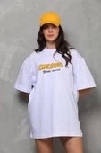 Unisex Bisiklet Yaka Baskılı Oversize T-Shirt - Beyaz thumbnail 1