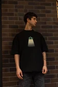 Unisex Bisiklet Yaka Baskılı Oversize T-Shirt - Siyah - 1