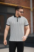 Erkek çizgili Fermuar Yakalı Kısa Kollu Tişört thumbnail 1