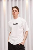 Unisex Bisiklet Yaka Baskılı Oversize T-Shirt - Beyaz - 1