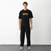 Unisex Bisiklet Yaka Baskılı Oversize T-Shirt - Siyah thumbnail 1