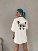 Unisex Bisiklet Yaka Baskılı Oversize T-Shirt - Beyaz thumbnail 2
