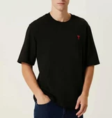 Unisex Bisiklet Yaka Baskılı Oversize T-Shirt - Siyah thumbnail 1