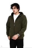 Unisex Tam Fermuarlı Kapşonlu  SweatShirt - Haki thumbnail 1