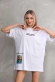 Unisex Bisiklet Yaka Baskılı Oversize T-Shirt - Beyaz thumbnail 1