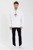 Erkek Baskılı Üç İplik Kapüşonlu Oversize Sweatshirt - Beyaz thumbnail 1