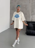 Unisex Bisiklet Yaka Baskılı Oversize T-Shirt - Beyaz thumbnail 1