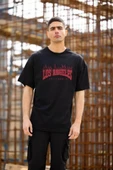 Unisex Bisiklet Yaka Baskılı Oversize T-Shirt - Siyah - 1