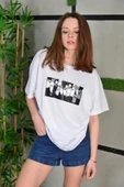 Unisex Bisiklet Yaka Baskılı Oversize T-Shirt - Beyaz thumbnail 2