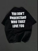 Unisex Bisiklet Yaka Baskılı Oversize T-Shirt - Siyah thumbnail 2