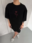 Unisex Bisiklet Yaka Baskılı Oversize T-Shirt - Siyah thumbnail 1
