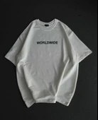 Unisex Bisiklet Yaka Baskılı Oversize T-Shirt - Beyaz thumbnail 1