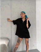 Unisex Yarım Fermuarlı Düz Oversize T-Shirt - Siyah thumbnail 3