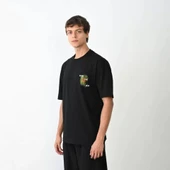 Unisex Bisiklet Yaka Baskılı Oversize T-Shirt - Siyah thumbnail 2