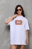 Unisex Bisiklet Yaka Baskılı Oversize T-Shirt - Beyaz thumbnail 1