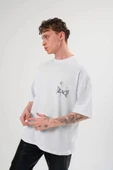 Unisex Bisiklet Yaka Baskılı Oversize T-Shirt - Beyaz thumbnail 2