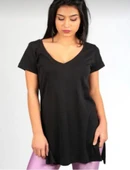 Kadın Kısa Kollu V Yaka Yanları Yırtmaç Detay Penye Bluz thumbnail 2