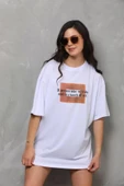 Unisex Bisiklet Yaka Baskılı Oversize T-Shirt - Beyaz thumbnail 3