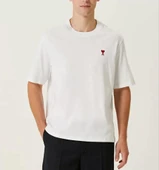 Unisex Bisiklet Yaka Baskılı Oversize T-Shirt - Beyaz thumbnail 1