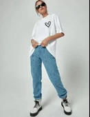 Bisiklet Yaka Baskılı Oversize T-Shirt - Beyaz thumbnail 3