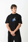 Unisex Bisiklet Yaka Baskılı Oversize T-Shirt - Siyah - 1