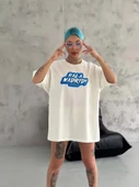 Unisex Bisiklet Yaka Baskılı Oversize T-Shirt - Beyaz thumbnail 2