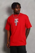 Unisex Oversize Baskılı Bisiklet Yaka T-Shirt - Kırmızı thumbnail 2