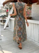 Kadın Kolsuz V Yakalı Desenli Süprem Tulum Elbise thumbnail 5