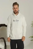 Erkek Sırt Baskılı Oversize Üç İplik Kapüşonlu Sweatshirt - Beyaz thumbnail 2