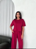 Osy Modal Yumuşak Dokulu Kumaş Bisiklet Yaka T-shirt Bol Paça Pantalon Ikili Takım -Bordo thumbnail 3