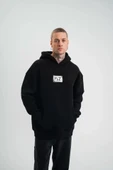 Unisex Kapşonlu Uzun Kol Patchli Nakışlı SweatShirt  - Siyah thumbnail 1