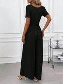 Kadın Kısa Kollu Yuvarlak Yaka Geniş Paçalı Bürümcük Tulum thumbnail 2