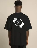 Unisex Bisiklet Yaka Baskılı Oversize T-Shirt - Siyah thumbnail 2