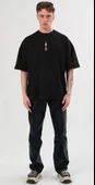 Unisex Bisiklet Yaka Baskılı Oversize T-Shirt - Siyah thumbnail 1
