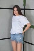 Unisex Bisiklet Yaka Baskılı Oversize T-Shirt- Beyaz thumbnail 1
