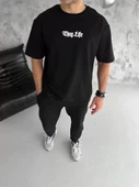 Unisex Bisiklet Yaka Baskılı Oversize T-Shirt - Siyah thumbnail 1