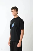 Unisex Bisiklet Yaka Baskılı Oversize T-Shirt - Siyah - 3