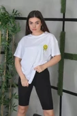 Unisex Bisiklet Yaka Baskılı Oversize T-Shirt - Beyaz thumbnail 1