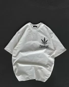 Unisex Bisiklet Yaka Baskılı Oversize T-Shirt - Beyaz thumbnail 1