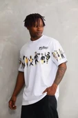 Unisex Bisiklet Yaka Baskılı Oversize T-Shirt - Beyaz thumbnail 1
