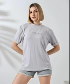 Unisex Bisiklet Yaka Baskılı Slim Fit T-Shirt - Boyalı Gri thumbnail 3