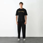 Unisex Bisiklet Yaka Baskılı Oversize T-Shirt - Siyah thumbnail 1