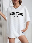 New York Baskılı Oversize Bisiklet Yaka T-shirt - Beyaz thumbnail 1