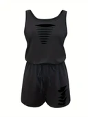 Kadın Askılı Yuvarlak Yaka Lazer Kesim Detaylı Bağcıklı Kısa Viskon Tulum thumbnail 4